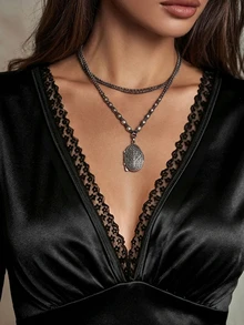 Ceyna Plus Contrast Lace Flounce Sleeve Plunging Neck Satin Bodycon Dress Fall - Black - View 4