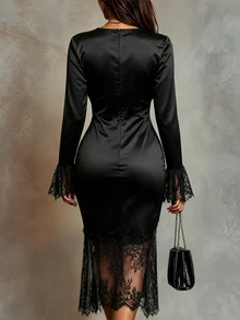 Ceyna Plus Contrast Lace Flounce Sleeve Plunging Neck Satin Bodycon Dress Fall - Black - View 3