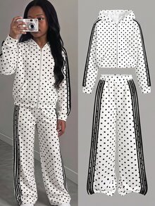 SHEIN Kids Tween Girls Casual Black White Polka Dot Printed Hooded Sweatshirt Sweatpants 2Pcs Set - Black and White - View 12