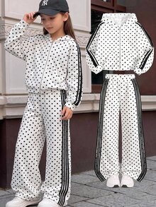SHEIN Kids Tween Girls Casual Black White Polka Dot Printed Hooded Sweatshirt Sweatpants 2Pcs Set - Black and White - View 13