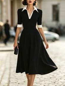 SHEIN Classic Black & White Contrast Collar V-Neck Mid-Sleeve Dress With White Cuff Patchwork, High Waist Ruched Full Skirt, Slim Fit Flattering Mid-Length Daily Commute Dress - Black and White - View 4