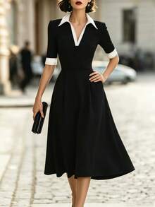 SHEIN Classic Black & White Contrast Collar V-Neck Mid-Sleeve Dress With White Cuff Patchwork, High Waist Ruched Full Skirt, Slim Fit Flattering Mid-Length Daily Commute Dress - Black and White - View 6
