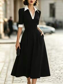 SHEIN Classic Black & White Contrast Collar V-Neck Mid-Sleeve Dress With White Cuff Patchwork, High Waist Ruched Full Skirt, Slim Fit Flattering Mid-Length Daily Commute Dress - Black and White - View 5