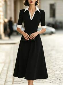 SHEIN Classic Black & White Contrast Collar V-Neck Mid-Sleeve Dress With White Cuff Patchwork, High Waist Ruched Full Skirt, Slim Fit Flattering Mid-Length Daily Commute Dress - Black and White - View 3