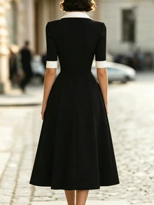 SHEIN Classic Black & White Contrast Collar V-Neck Mid-Sleeve Dress With White Cuff Patchwork, High Waist Ruched Full Skirt, Slim Fit Flattering Mid-Length Daily Commute Dress - Black and White - View 2