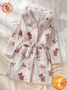 女童絨毛保暖熊圖案長袖連帽加厚保暖內裡家居袍 秋冬款 - 咖啡棕 - 查看 3