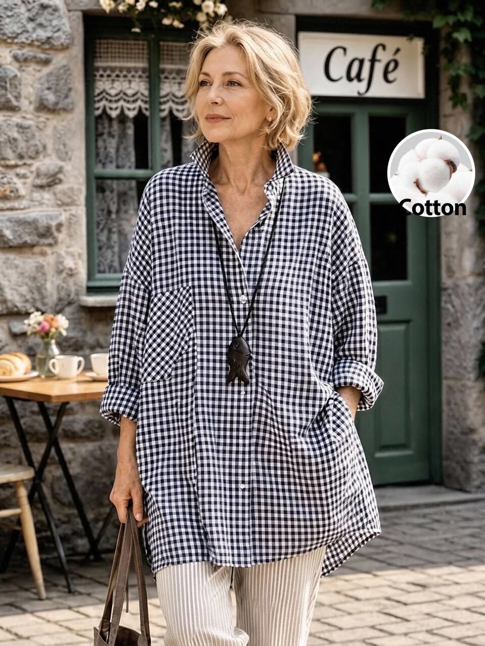 Plus Size Women Autumn/Winter Country Casual Elegant Vacation Plaid Versatile Daily Wear Long Sleeve Blouse Shirt Top Front Button Black