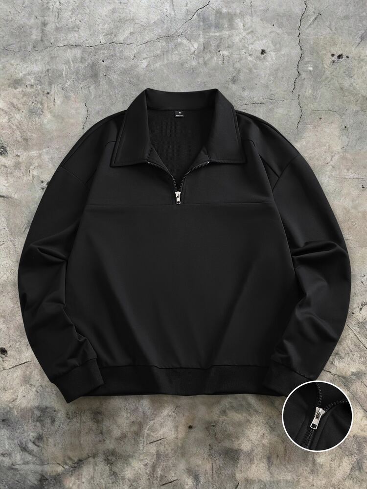 STEELVANCE Men's Comfortable Solid Color Fabric Zipper Polo Collar Long Sleeve Sweatshirt, Casual Vacation, Minimalist Office, Minimalist Business, Daily Dating, Casual Home, Fashion Party, Gathering, Suitable For Self-Wear Or Gift To Friends. Spring/Summer Hot-Selling Yamamoto Long Sleeve Sweatshirt - Black - View 1