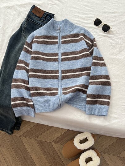 SHEIN ICON Women's Autumn/Winter Vintage Lazy Versatile Fashion Minimalist Casual Commute College Style Striped Cardigan