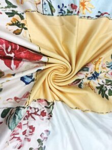 Selamara 大尺碼波希米亞風軟塑形藍白花卉仿刺繡V領T恤，夏季度假休閒短袖上衣，適合辦公與度假 - 彩色 - 查看 8