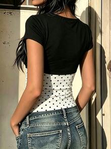 Sundraya Slim Fit Polka Dot Pleated Camisole Top + Short Lace-Up Solid Color Short Sleeve Jacket Set - Multicolor - View 2