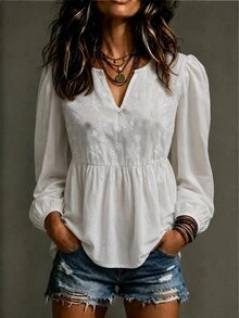 Breezaya Women's Solid Color Pleated Casual Versatile Daily Wear Blouse - White - View 4