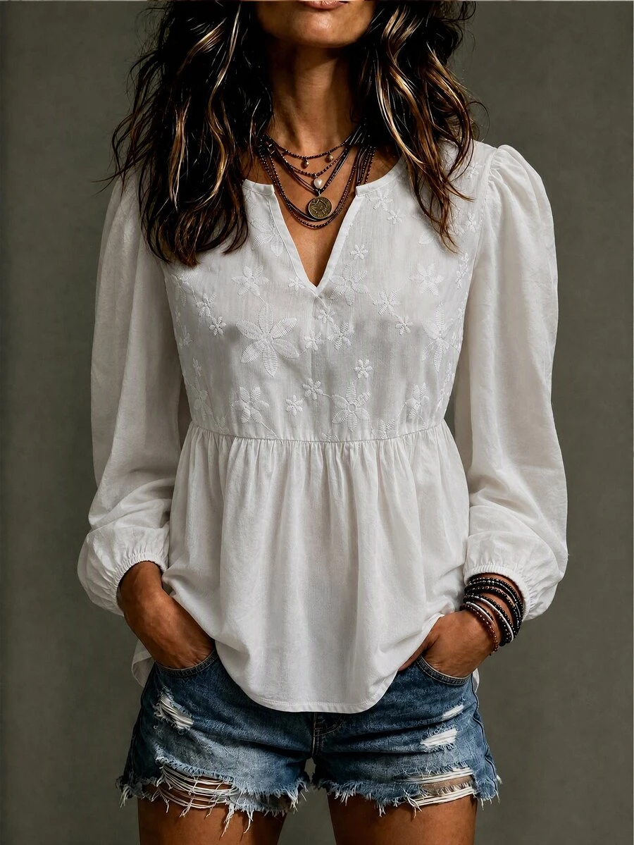 Breezaya Women's Solid Color Pleated Casual Versatile Daily Wear Blouse - White - View 1
