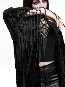 ROMWE Vintage Black Velvet Burnout Gothic Style Tassel Shawl Cardigan - Black - View 4