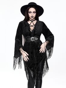 ROMWE Vintage Black Velvet Burnout Gothic Style Tassel Shawl Cardigan - Black - View 2