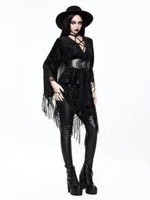 ROMWE Vintage Black Velvet Burnout Gothic Style Tassel Shawl Cardigan - Black - View 5