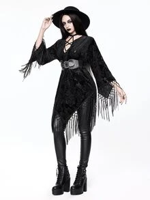 ROMWE Vintage Black Velvet Burnout Gothic Style Tassel Shawl Cardigan - Black - View 6
