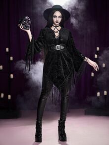 ROMWE Vintage Black Velvet Burnout Gothic Style Tassel Shawl Cardigan - Black - View 10