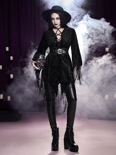 ROMWE Vintage Black Velvet Burnout Gothic Style Tassel Shawl Cardigan