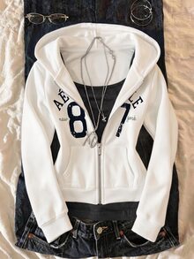 Lalippa Women's Letter & Number Pattern Hooded Zip-Up Casual Everyday Sweatshirt - White - View 4