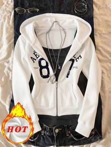 Lalippa Women's Letter & Number Pattern Hooded Zip-Up Casual Everyday Sweatshirt - White - View 1