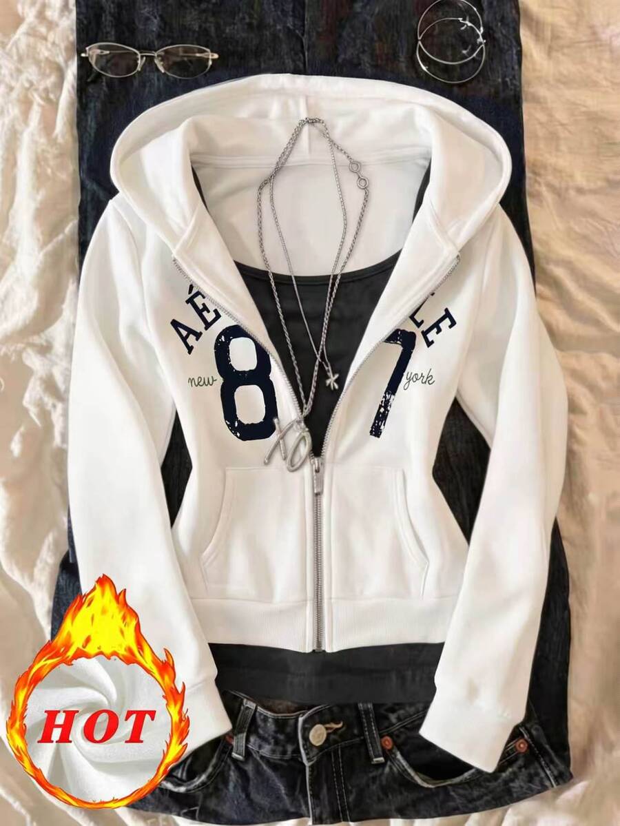 Lalippa Women's Letter & Number Pattern Hooded Zip-Up Casual Everyday Sweatshirt - White - View 1