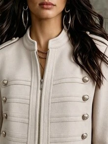 SHEIN Autumn/Winter Casual Elegant Fashion Cropped Napoleon Open Front Zip-Up Overcoat - Apricot - View 5
