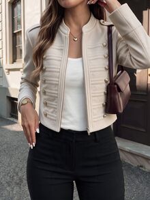 SHEIN Autumn/Winter Casual Elegant Fashion Cropped Napoleon Open Front Zip-Up Overcoat - Apricot - View 8