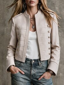 SHEIN Autumn/Winter Casual Elegant Fashion Cropped Napoleon Open Front Zip-Up Overcoat - Apricot - View 4