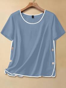 SHEIN LUNE Plus Size Women Summer Casual Elegant Vacation Daily Commute Contrast Piping Side Button Loose Short Sleeve Top Holiday Navy Blue - Baby Blue - View 1
