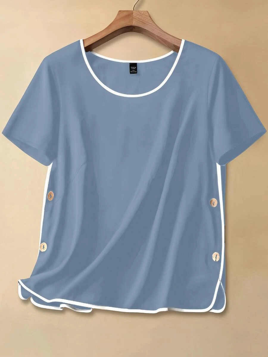 SHEIN LUNE Plus Size Women Summer Casual Elegant Vacation Daily Commute Contrast Piping Side Button Loose Short Sleeve Top Holiday Navy Blue - Baby Blue - View 1
