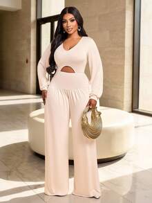 Brilight V Neck Long Sleeve Cutout Waist Jumpsuit Puff Cuff High Waist Pleated For Date Vacation Lounge Stree - Apricot - View 9