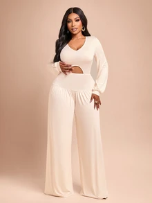 Brilight V Neck Long Sleeve Cutout Waist Jumpsuit Puff Cuff High Waist Pleated For Date Vacation Lounge Stree - Apricot - View 7