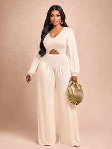 Brilight V Neck Long Sleeve Cutout Waist Jumpsuit Puff Cuff High Waist Pleated For Date Vacation Lounge Stree - Apricot - View 5
