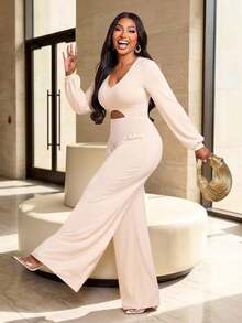 Brilight V Neck Long Sleeve Cutout Waist Jumpsuit Puff Cuff High Waist Pleated For Date Vacation Lounge Stree - Apricot - View 2