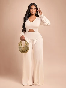 Brilight V Neck Long Sleeve Cutout Waist Jumpsuit Puff Cuff High Waist Pleated For Date Vacation Lounge Stree - Apricot - View 4