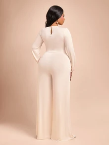 Brilight V Neck Long Sleeve Cutout Waist Jumpsuit Puff Cuff High Waist Pleated For Date Vacation Lounge Stree - Apricot - View 3
