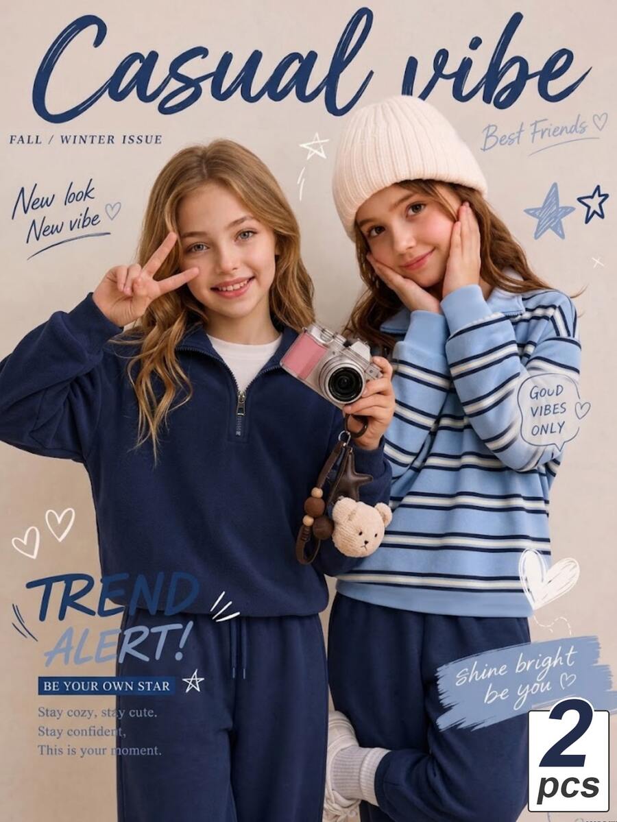 SHEIN 2件組女童韓系休閒半拉鍊 Polo 領運動衫，復古條紋與純色海軍藍可選，寬鬆落肩長袖，大尺寸休閒版型，適合春季/秋季上學與旅行的多用途上衣，大女孩多件組合套裝 - 彩色 - 查看 1