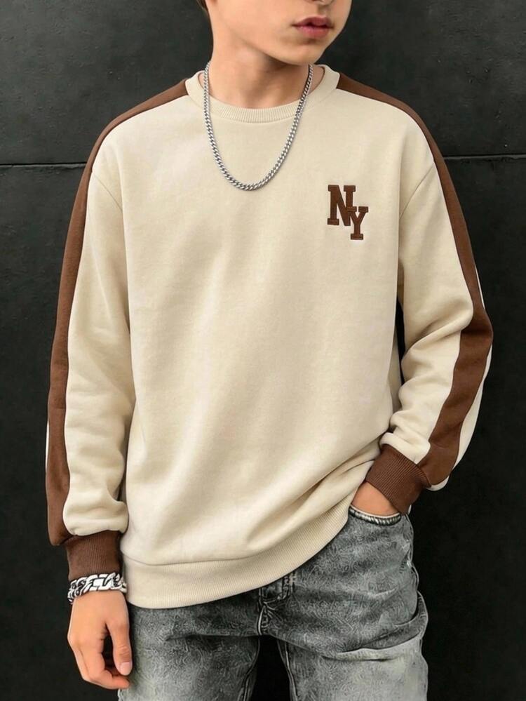SHEIN Tween Boy Casual Loose Fit Korean Style Crew Neck Colorful Striped Letter Graphic Print Sweatshirt, Suitable For Commuting, School, Daily Casual Wear, Sports, Autumn/Winter - Apricot - View 6