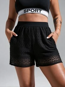 SHEIN Unity Women's Plus Size Solid Color Pocket Hollow Design Loose Fit Sports Shorts - Black - View 4