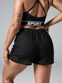 SHEIN Unity Women's Plus Size Solid Color Pocket Hollow Design Loose Fit Sports Shorts - Black - View 2
