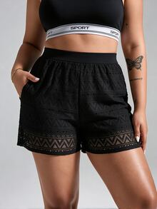 SHEIN Unity Women's Plus Size Solid Color Pocket Hollow Design Loose Fit Sports Shorts - Black - View 3