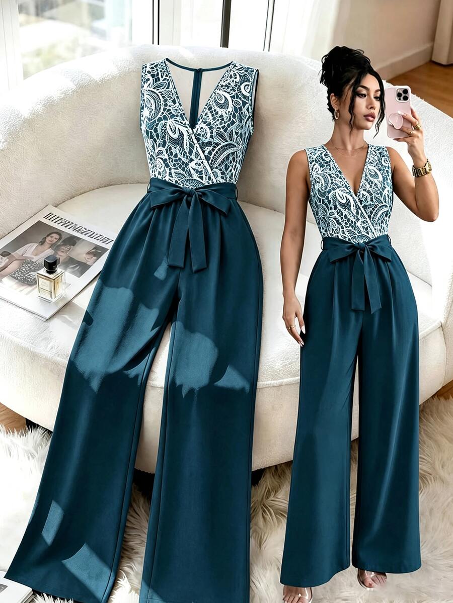 SHEIN Franclia 新款優雅時尚印花拼接女款連身褲 - 藍色 - 查看 1