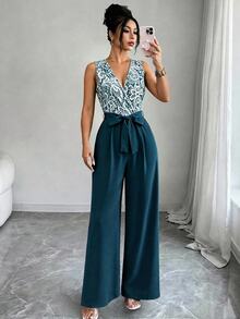SHEIN Franclia 新款優雅時尚印花拼接女款連身褲 - 藍色 - 查看 4