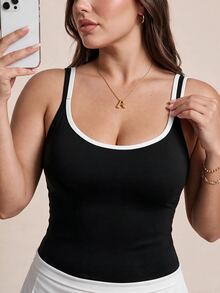 SHEIN Rhythm Era Women Plus Size Sports Tees Tanks Gym Sports Black And White Gym Sports Summer - Black - View 4