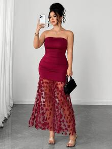 Elenzga Gaun Malam Seksi Tanpa Tali dengan Motif Bunga Kontras Warna Jala Berkerut di Pinggang, Ukuran Plus untuk Wanita, Cocok untuk Kencan, Makan Malam, Pesta, Perjalanan, dan Acara Lainnya - Burgundy - View 7