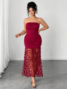 Elenzga Gaun Malam Seksi Tanpa Tali dengan Motif Bunga Kontras Warna Jala Berkerut di Pinggang, Ukuran Plus untuk Wanita, Cocok untuk Kencan, Makan Malam, Pesta, Perjalanan, dan Acara Lainnya - Burgundy - View 5