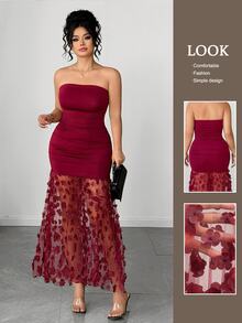 Elenzga Gaun Malam Seksi Tanpa Tali dengan Motif Bunga Kontras Warna Jala Berkerut di Pinggang, Ukuran Plus untuk Wanita, Cocok untuk Kencan, Makan Malam, Pesta, Perjalanan, dan Acara Lainnya - Burgundy - View 3