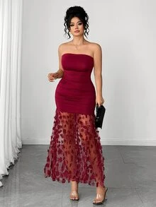 Elenzga Gaun Malam Seksi Tanpa Tali dengan Motif Bunga Kontras Warna Jala Berkerut di Pinggang, Ukuran Plus untuk Wanita, Cocok untuk Kencan, Makan Malam, Pesta, Perjalanan, dan Acara Lainnya - Burgundy - View 6
