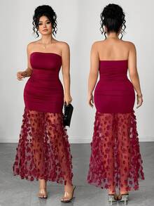 Elenzga Gaun Malam Seksi Tanpa Tali dengan Motif Bunga Kontras Warna Jala Berkerut di Pinggang, Ukuran Plus untuk Wanita, Cocok untuk Kencan, Makan Malam, Pesta, Perjalanan, dan Acara Lainnya - Burgundy - View 10